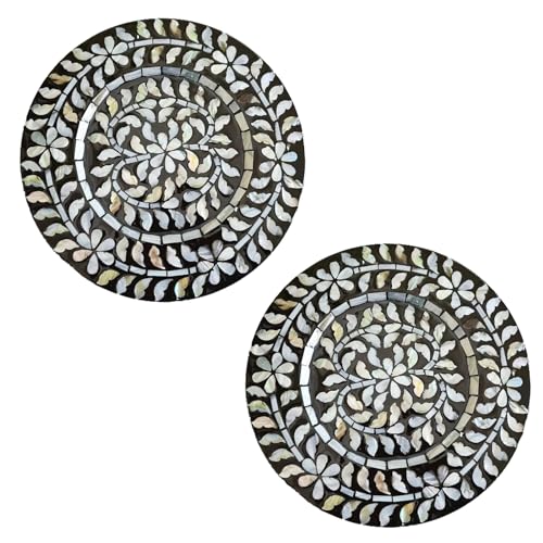 i-lan 2Pack 13" Mother of Pearl Decorative Display Plates,Sea Shell Inlay Wood Charger Dining Charger Plates for Party,Diner Table Modern Style Decoration Placemats,Silver Gray Flower - style: Style 1