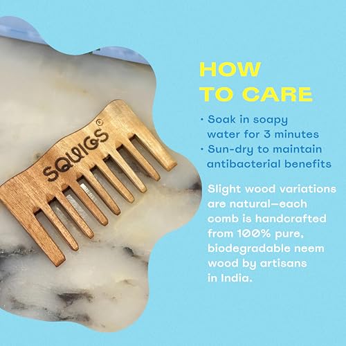 Squigs Beauty Neem Wooden Comb for Women & Men – Handcrafted Pocket-Sized Wide-Tooth Comb for Hair Detangling, Scalp Massage, Oil Distribution & Anti-Breakage – Pure Neem Wood for Hair Growth