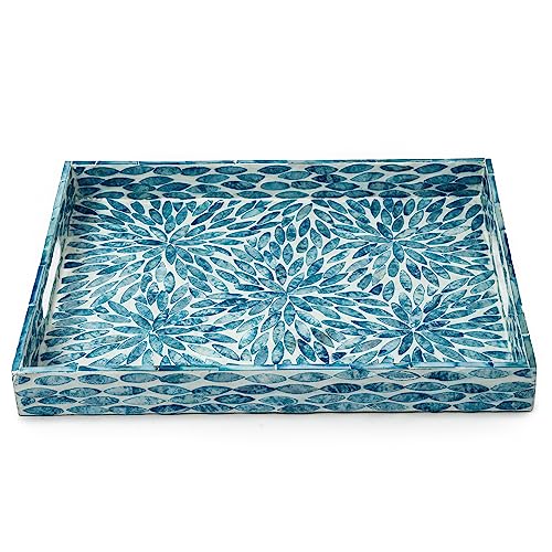 Serving Tray 15.7" X11.8", Lacquer Mother of Pearl Inlay Mosaic Tray, Rectangle Wooden Marble Tray with Handles Trays for Tea, Breakfast in Bed, Table (Flower Style) - color: Flower Style