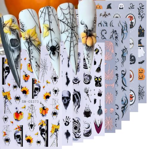 Gothic Halloween Nail Art Stickers 10PCS Spooky 3/5D Self-Adhesive Nail Decals Skull Ghost Pumpkin Owl Bat Spider Web Horror Nail Supplies Manicure Decorations DIY Halloween Designs for Women - style: Halloween Ghost Pumpkin