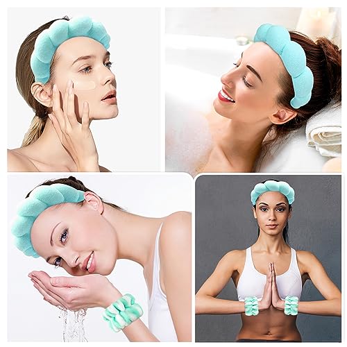 Zkptops Spa Headband for Washing Face Wristband Set Sponge Makeup Skincare Headband Terry Cloth Bubble Soft Get Ready Hairband for Women Puffy Padded Headwear Non Slip Thick Hair Accessory(Turquoise) - color: Turquoise