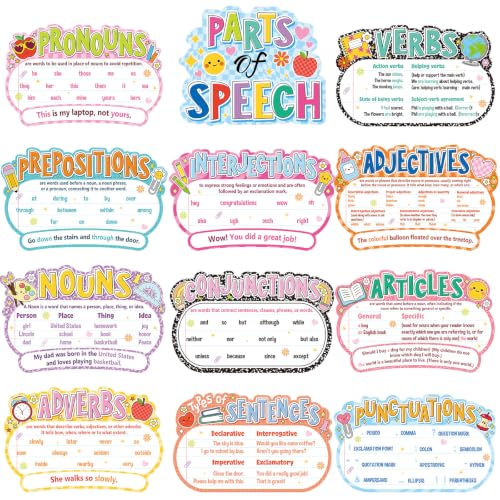Pasimy 12 Pieces Parts of Speech Posters English Grammar Chart Language Bulletin Board Decor for Elementary Middle High School Teacher Educational Classroom Decoration Supplies (Composition) - style: Composition