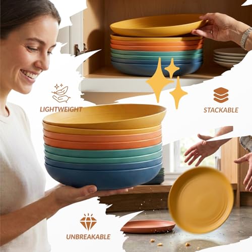 Homienly Deep Dinner Plates Set of 8 Alternative for Plastic Plates Microwave and Dishwasher Safe Wheat Straw Plates for Kitchen Unbreakable Salad Plate with 4 Colors (Colorful, 11 inch) - color: Classic Bright, size: 11 Inch