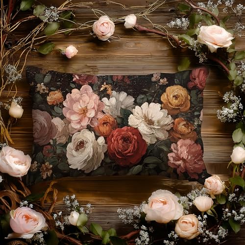 Vintage Moody Dark Floral Throw Pillow Covers 12x20,Rustic Farmhouse Decor,Dark Academia Flower Botanical Decorative Throw Pillow Covers for Home Bedroom Living Room Double-Sided - color: Floral-18, size: 20" x 12" (Pack of 1)