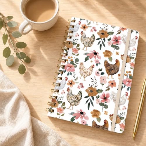 Chicken Lined Spiral Notebook, Pretty Hardcover Journal 6'' x 8.4'', Chicken Gifts for Women, Farmhouse Notebook for Writing - color: Chicken