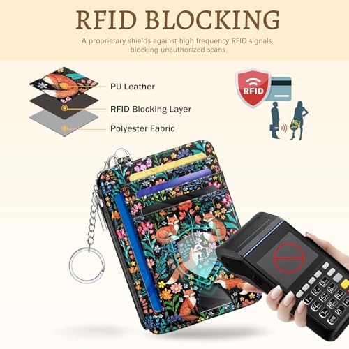 Kelvoris Credit Card Holder Small Wallet Women, Slim RFID, Fox Flowers - color: Fox