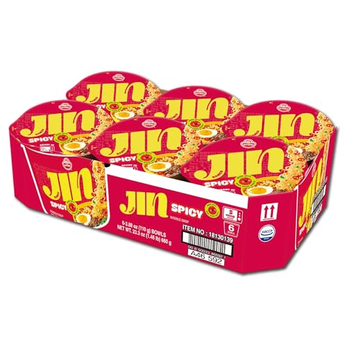 OTOKI Jin Ramen Spicy Bowl – Authentic Korean Instant Noodles with 13-Hour Simmered Beef Bone Broth, Bold & Fiery Flavor, Microwave or Add Hot Water, Ready in 5 Minutes, 3.88 oz (Pack of 6)
