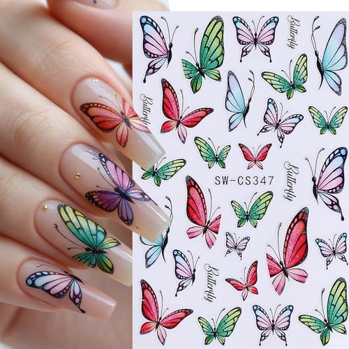 Butterfly Nail Art Stickers Decals 12 Sheets 3D Self-Adhesive Nail Decals Purple Blue Gradient Butterflies with Flower & Leaf Designs Stickers for DIY Manicure Acrylic Gel Nail Decorations for Women - style: Butterfly Flower