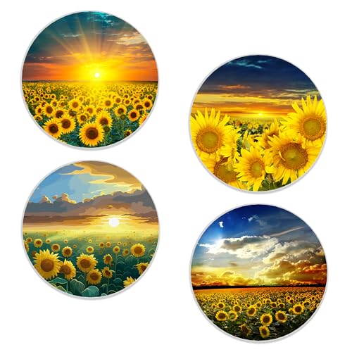Drinks Coasters Set of 4, Sunflower Round 4" Cup Coasters, Absorbent Ceramic Stone Coasters with Cork Base, Cute Coasters for Table Home Décor, Ideal Gifts for Women Men - color: Sunflower