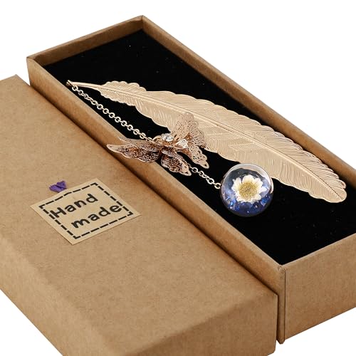 Toirxarn Metal Feather Bookmark, Back to School Teacher Gift for Women - color: Feather Gold - Blue Crystal With White Flower