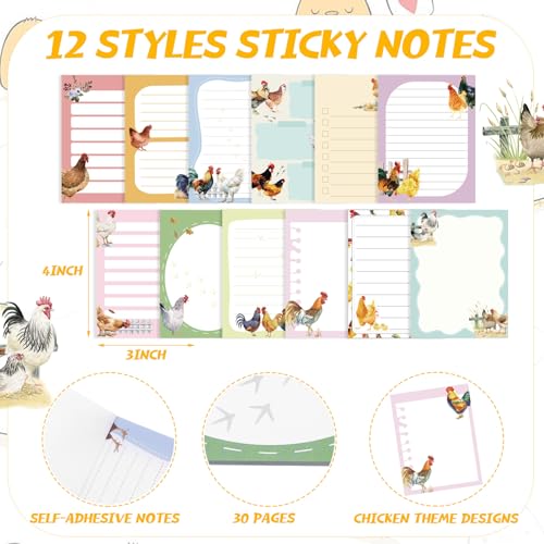Chiisong 12 Pads Chicken Sticky Notes Cute Sticky Notes Roosters Gifts - style: Chicken