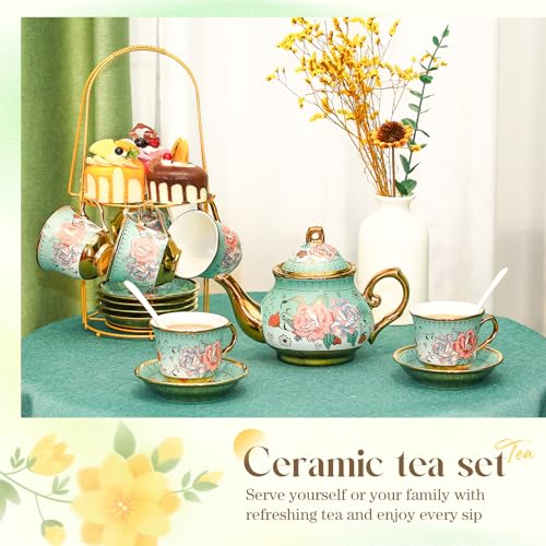 20 Pcs Adult Tea Party Set Porcelain with Metal Holder, Modern - style: Modern