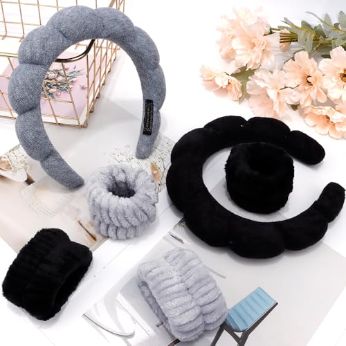 SPA Headbands for Washing Face Makeup Headbands with Bow Hair Band Women Facial Head Band Wrist Towel Wraps For Shower Face Mask Gray Black, 6 Pack - color: Gray Black