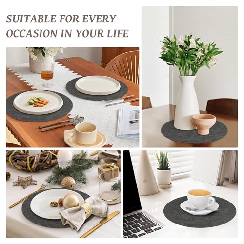 13" Round Placemats Set of 6, Reversible Faux Leather Wipeable Table Mats - color: Deep Gray