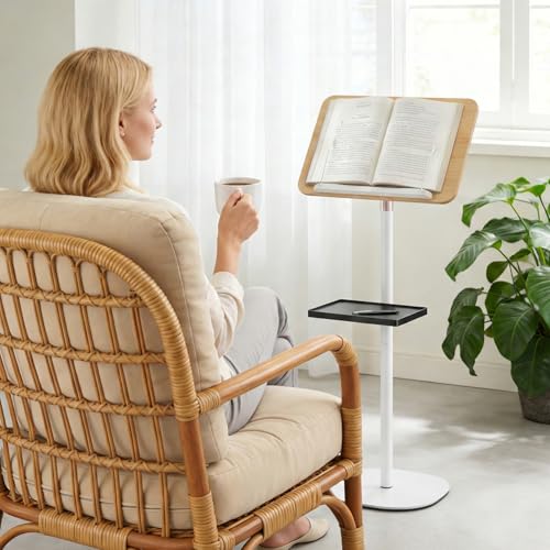 2 in 1 Adjustable Floor Book Stand & Music Stand with Removable Tray, 19.7" to 51.2" Foldable Reading Book Holder with Page Clips for Laptop, Cookbooks, Sheet Music, Wooden Podium Stand for Projector - color: White