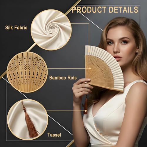 Lysa Hand Fan for Women Foldable - Portable Folding Japanese Chinese Fan - for Hot Flashes, Summer Cooling, Festivals, Church, Dancing (Bamboo White) - color: Bamboo White