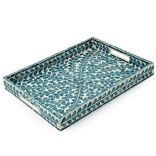Serving Tray 15.7" X11.8", Lacquer Mother of Pearl Inlay Mosaic Tray, Rectangle Wooden Marble Tray with Handles Trays for Tea, Breakfast in Bed, Table (Blue) - color: Leaf Style