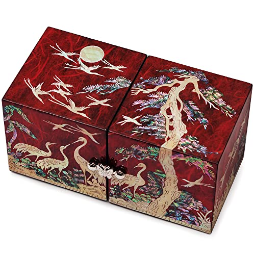MADDesign Mother of Pearl Twin Cubes Jewelry Box Crane Pine Tree Red - color: Red