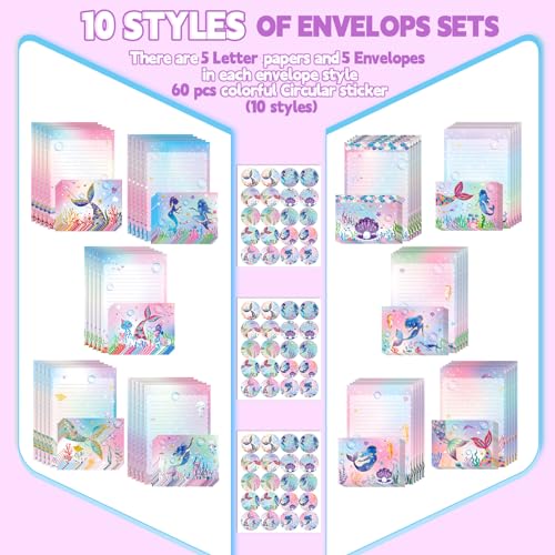 TaoBary 160 Pcs Mermaid Stationery Paper and Envelopes Set, 5.5 x 8.25'' - size: 5.5 x 8.25 Inch, style: Mermaid