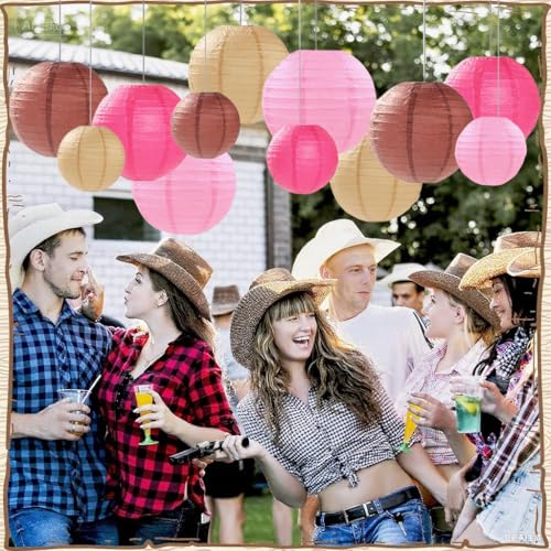 Pink Brown Paper Lanterns Decorative 12pcs Party Hanging Decorations for Western Cowgirl Party Birthday Retro Rodeo Party Supplies for Girls Baby Shower Western Room Decor - color: Hot Pink,pink,coffee,brown