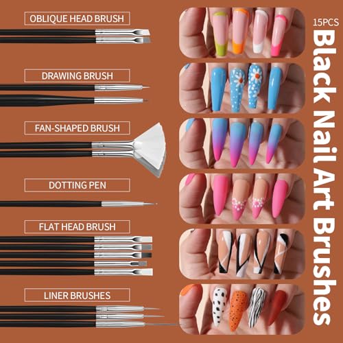 FANDAMEI Nail Art Brush, Nail Design Tools Kit with Nail Art Brushes, Nail Dotting Tools,Fine Glitter,Nail Butterfly, Nail Heart Sequins, Foil Flakes, Nail Art Rhinestones, Nail Art Decoration Kit. - color: B-Black