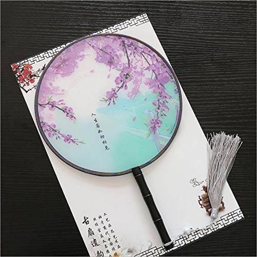 Seres Classic Round Fan,Wood Fan Rib&Semi-Transparent Silk Cloth,10+ Optional Patterns,Diameter 8.3in,团扇 (6.Purple Blooms) - color: 6.Purple Blooms