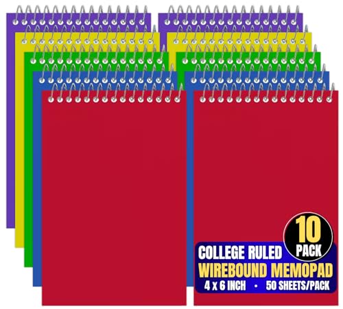 1InTheOffice Wirebound Memo Pads, 4" x 6", College, Assorted, 50 Sheets/Pad, (10 Pads)