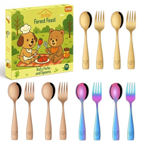 DEHOV Colorful Toddler Eating Utensils Set,Set Of 12 Food Grade Stainless Steel Silverware Sets For Kids,Dishwasher Safe Children Small Metal Spoons And Forks Flatware Sets - color: Colorful