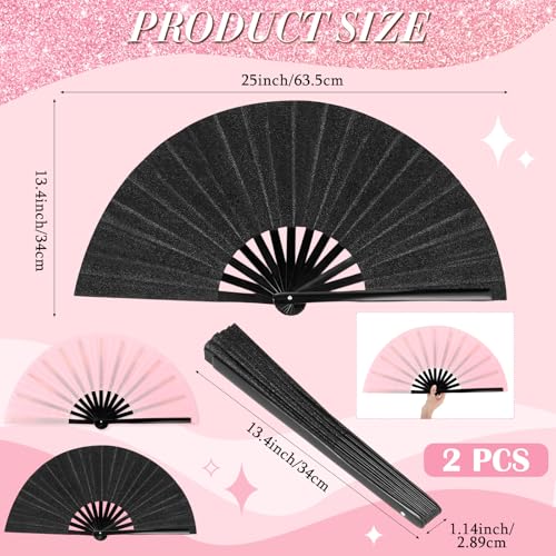 Maitys 2 Packs Large Folding Hand Fans, 13'', Glitter Black and Pink - color: Glitter Black and Pink
