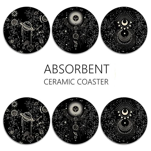 Coasters for Drinks, Set of 6, Ceramic Stone Moon Zodiac - color: Sun Moon