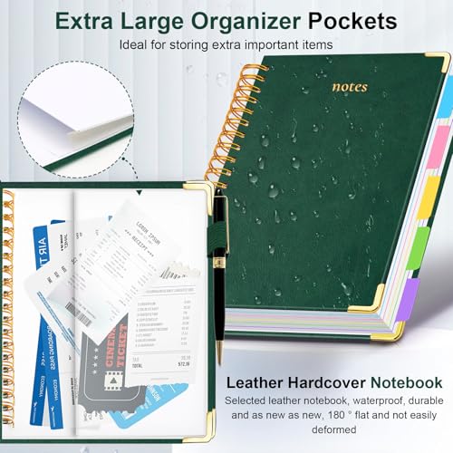Hardcover Spiral Notebook 8"x10" Journal Notebook with Tabs and Removable Dividers 300 Pages 5 Subject Notebook College Ruled, Faux Leather Spiral Bound Notebook for Women School Work (Green) - color: Green, size: 8"x10"(B5)