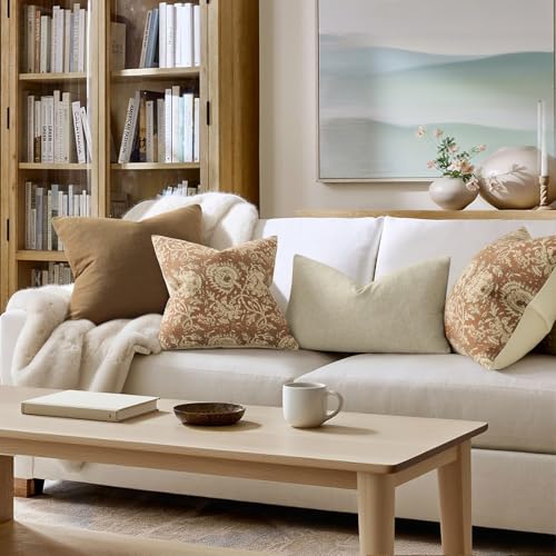 Vintage Floral Print Throw Pillow Covers 12x20 Set of 2 Neutral Modern Farmhouse Pillow Cases Accent Decorative Cushion Covers Boho Home Decor for Couch Sofa Chair Bed Living Room, Cognac - color: Cognac, size: 20" x 12" (Pack of 2)