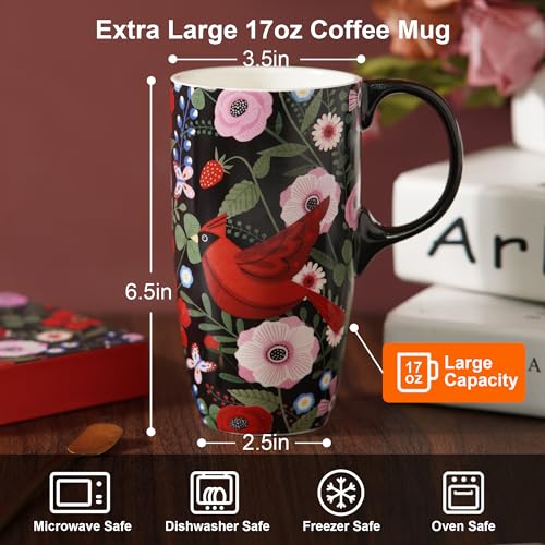 Topadorn 17oz Ceramic Coffee Mug with Lid, Cardinal Bird Floral Cup - color: Bird & Floral
