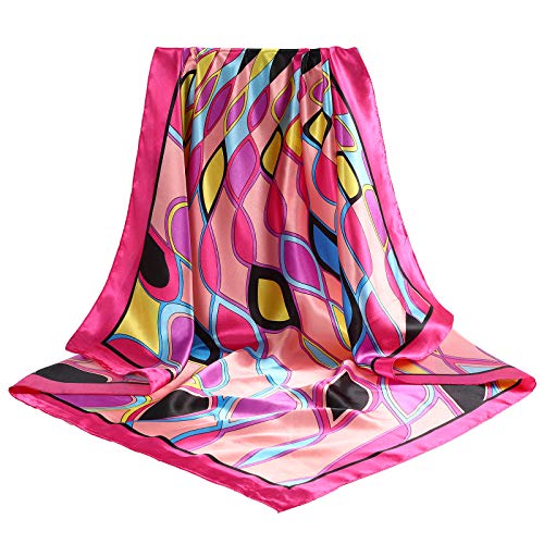 AWAYTR 2-Pack 35" Silk-Like Satin Head Scarves for Women, Square Bandanas - color: Elliptical Grid(rose+blue)