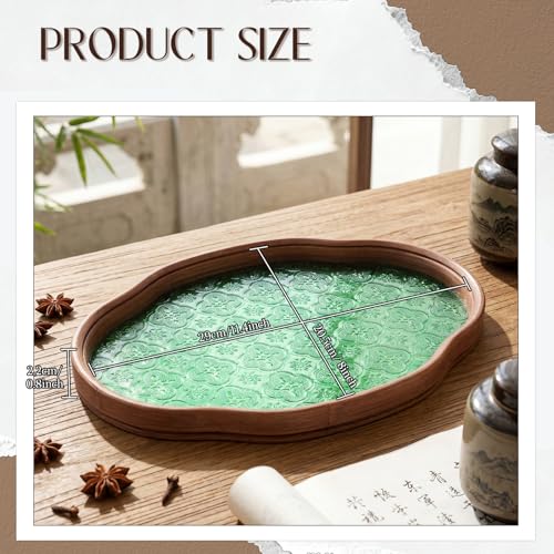 Glass Serving Tray with the Crabapple Pattern and Walnut Rectangular Serving Platter, Vintage Floral Edge Decorative Countertop Organizer for Vanity, Coffee Table, Jewelry Display(Green) - color: Green
