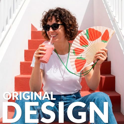 Fisura – Original Folding Fan with Strawberry Print. Colorful Wooden Folding Fan in red with Strap Included. Fun Gift idea for Travel Beach Days or Summer Events. 16.7 x 9 in. - color: Strawberries, Red