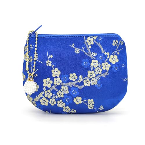 Handmade Women Coin Purse Brocade Rosary Bag Silk Jewelry Pouch Zipper Wallet - Blue - color: Blue