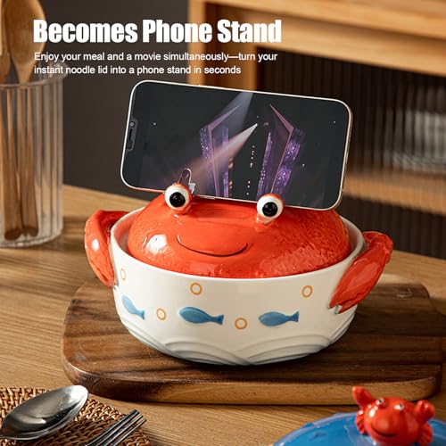 Cute Crab Ceramic Ramen Bowl with Lid & Handles, 24 OZ (680ML) Microwave Oven Safe Noodle Soup Bowl, Ocean Theme 3D Crab Design Cute Bowl, Dishwasher Safe for Home Office Dorm (Crab)