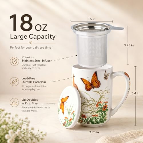 AmorArc Tea Cup With Infuser and Lid, 18oz Loose Leaf Tea Mug With Steeper - color: Butterfly