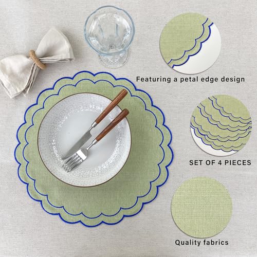 Linen Cotton Placemats Set of 4 Scalloped Flower Embroidery Place Mats 15'' Natural Linen Texture Fabric Machine Washable Table Mats for Restaurant Kitchen,Table Decor(Matcha Green) - color: Matcha Green