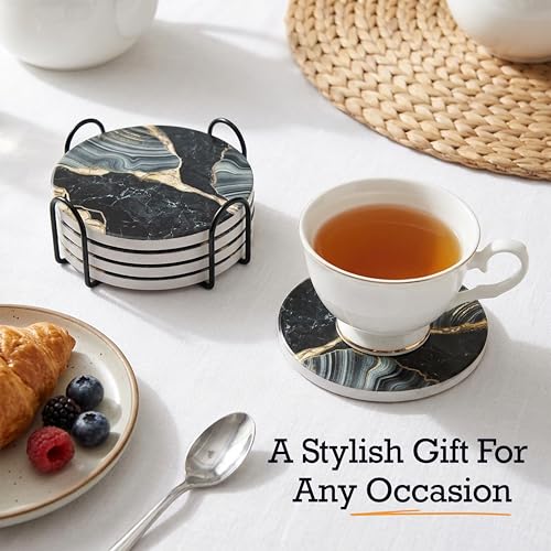 Elegant Black & Gold Marble Ceramic Coasters - Set of 6 with Gold Metal Holder - Round Drink Coasters for Coffee, Tea, Whiskey, Wine - Stylish Home & Kitchen Decor - color: Black Gold, size: 6 Pack