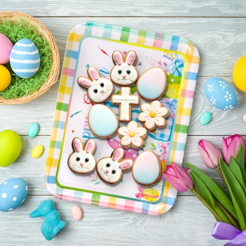 JarThenaAMCS 3Pcs Easter Serving Trays Reusable Serving Dishes Watercolor Pastel Plaid Rabbit Egg Platter for Spring Party Sharing Snacks Fruits Dessert, 13 x 10 Inch - style: Easter