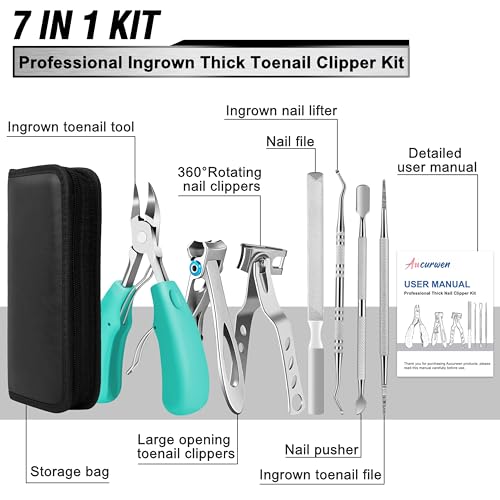 Toenail Clippers for Seniors Thick Toenails, Aucurwen Heavy Duty Toe Nail Clippers Adult Thick Nails Long Handle, Large Toenail Clippers for Thick Nails 7Pcs(Cyan) - color: Cyan