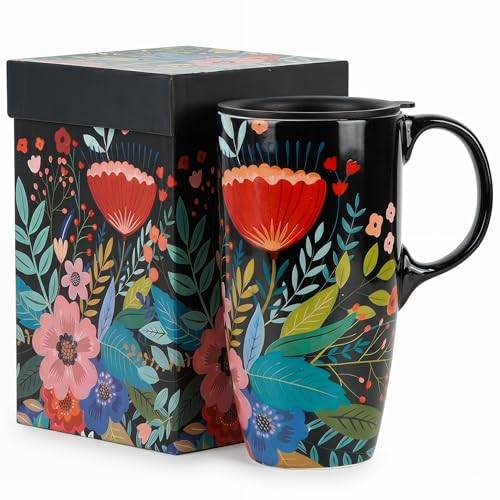 Topadorn 17oz Ceramic Travel Mug with Lid, Botanical Floral Coffee Mug - color: Flower