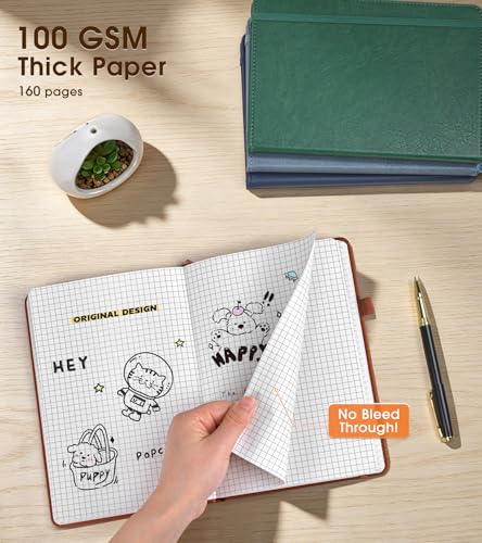 A5 Leather Hardcover Graph Paper Notebook, 160 Pages (5 Squares/Inch), 180° Lay-Flat Binding, 100 GSM Thick Paper, for Math, Engineering, Students & Technical Work (Brown) - color: Brown, size: Grid