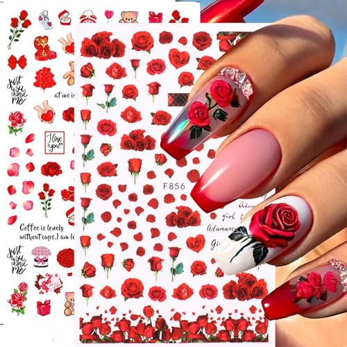 Rose Flower Nail Stickers Decals 12 PCS Romantic Red Pink Rose Nail Art Stickers 3D Self-Adhesive Floral Blossom DIY Designs for Valentine's Day Manicure Decoration Nails Supplies Accessories - style: Rose Flower Style