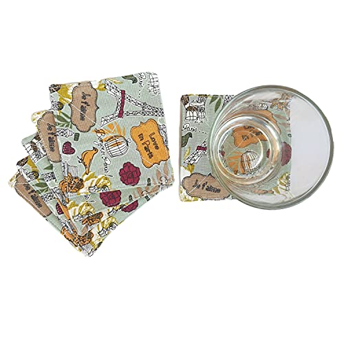 CUSHYSTORE Canvas Floral 2 Layers Coasters Saucers Absorbant Mat Pad Floral Botanical Style Fabric Quilted for Glass Cup Drinking 4", 6 Pack (Green City Park) - color: Green City Park