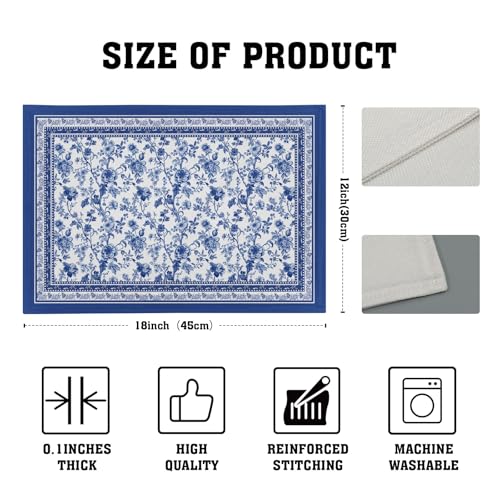 Blue Floral Branches Placemats Set of 4 ，12 x 18 Inch Chinoiserie Table Mats Washable Heat Resistant Linen Fabric Rectangle Place Mat for Indoor Outdoor Kitchen Dining Home Decor - color: Blue Floral