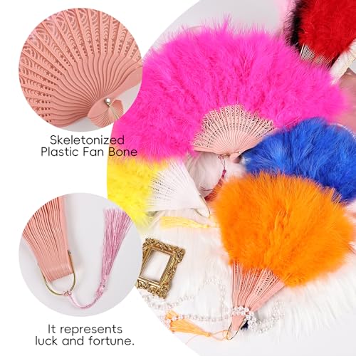 whitefeather Vintage Feather Hand Fan, 17.7 x 11.8 inches, Marabou Feathers, 1920s Style for Costume Parties, Tea Parties - color: Pink-pink Rib