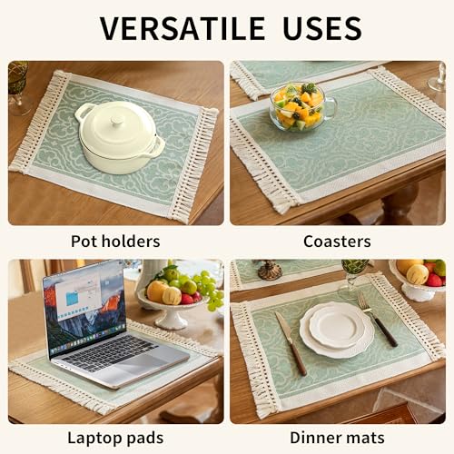 Boho Woven Placemats Set of 4, 14x18 Inch Heat Resistant Dinner Mats - color: Green Bx